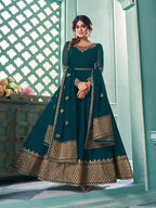 Myra Teal Embroidered Real Georgette Anarkali Suit | Grab2Buy