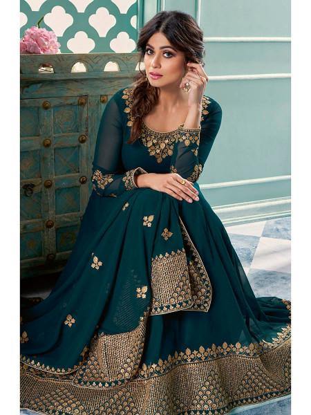 Myra Teal Embroidered Real Georgette Anarkali Suit | Grab2Buy