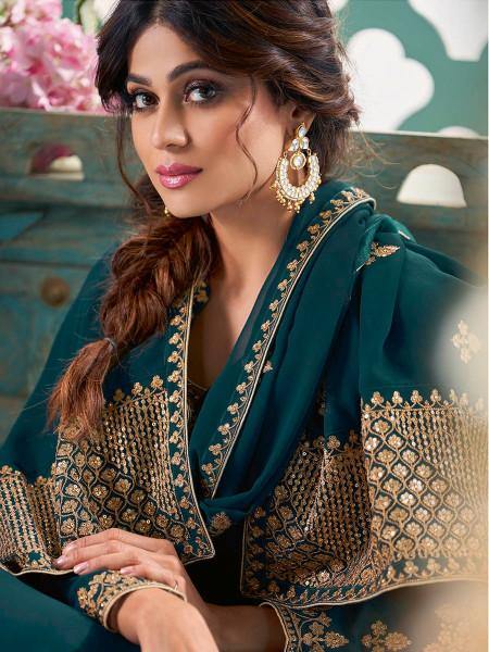 Myra Teal Embroidered Real Georgette Anarkali Suit | Grab2Buy