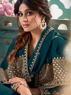 Myra Teal Embroidered Real Georgette Anarkali Suit | Grab2Buy