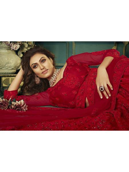 Myra Beautiful Red Heavy Embroidered Net Bridal Lehenga | Grab2Buy