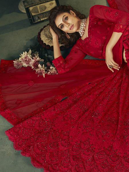 Myra Beautiful Red Heavy Embroidered Net Bridal Lehenga | Grab2Buy