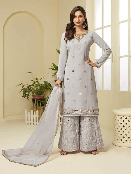 Myra Grey Georgette Embroidered Palazzo Suit | Grab2Buy
