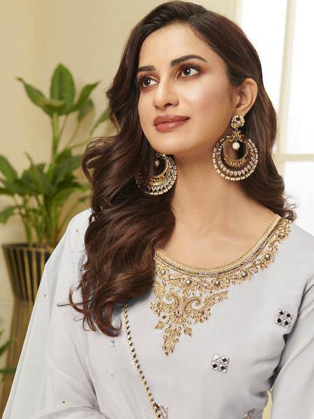 Myra Grey Georgette Embroidered Palazzo Suit | Grab2Buy