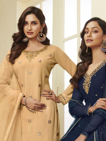 Myra Mustard Yellow Georgette Embroidered Palazzo Suit | Grab2Buy