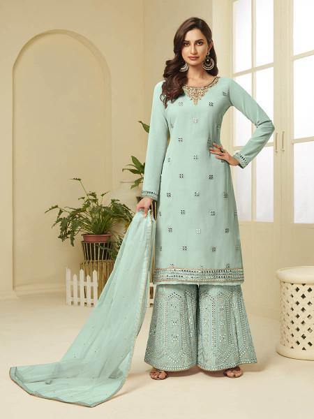 Myra Aqua Blue Georgette Embroidered Palazzo Suit | Grab2Buy