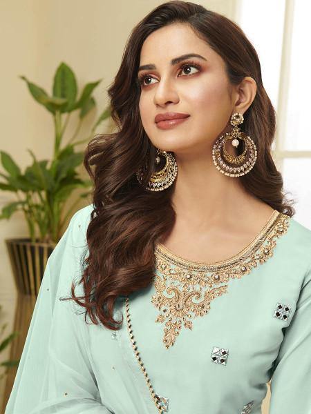 Myra Aqua Blue Georgette Embroidered Palazzo Suit | Grab2Buy
