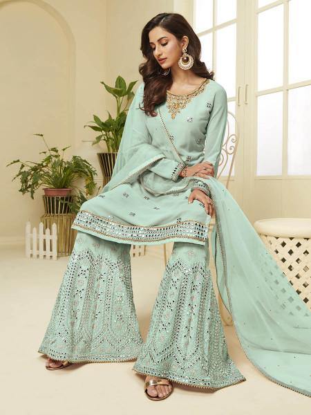 Myra Aqua Blue Georgette Embroidered Palazzo Suit | Grab2Buy