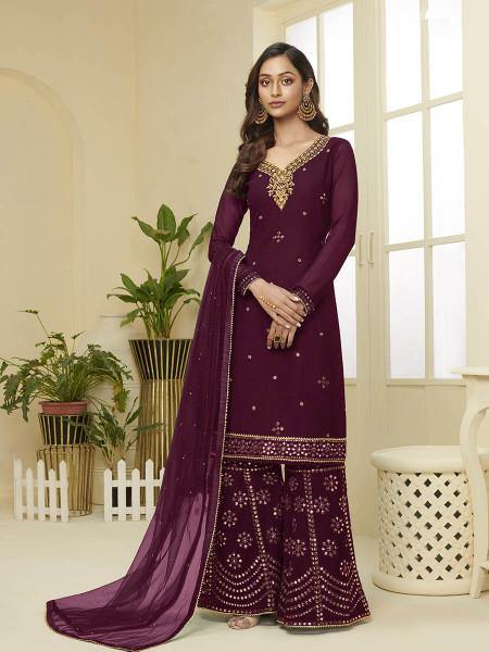 Myra Wine Georgette Embroidered Palazzo Beautiful Suit | Grab2Buy