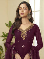 Myra Wine Georgette Embroidered Palazzo Beautiful Suit | Grab2Buy