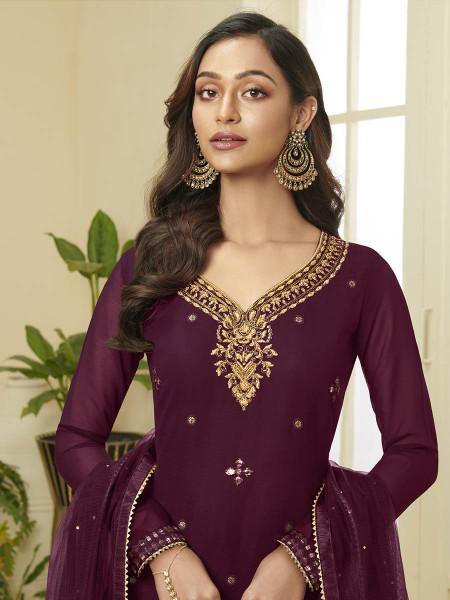 Myra Wine Georgette Embroidered Palazzo Beautiful Suit | Grab2Buy