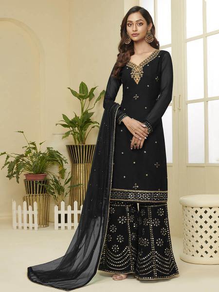 Myra Black Georgette Embroidered Palazzo Suit | Grab2Buy