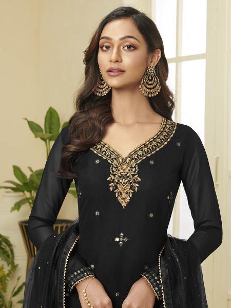 Myra Black Georgette Embroidered Palazzo Suit | Grab2Buy