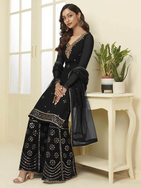 Myra Black Georgette Embroidered Palazzo Suit | Grab2Buy