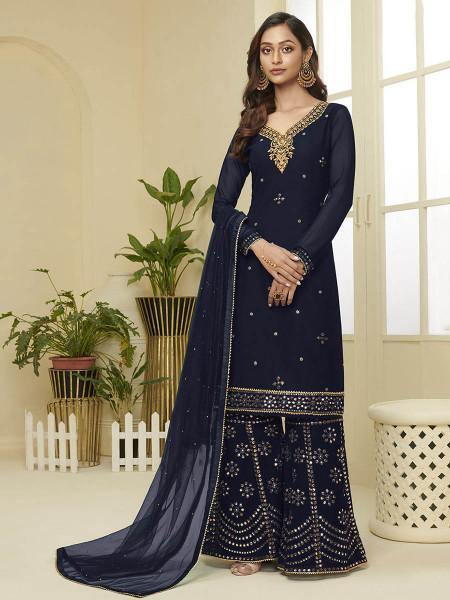 Myra Navy Blue Georgette Embroidered Palazzo Suit | Grab2Buy