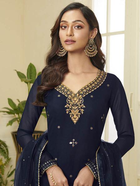 Myra Navy Blue Georgette Embroidered Palazzo Suit | Grab2Buy