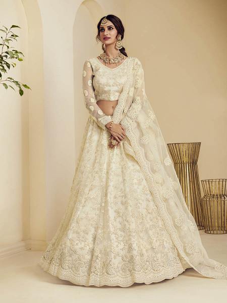 Myra Fashion Off White Heavy Embroidered Net Bridal Lehenga | Grab2Buy