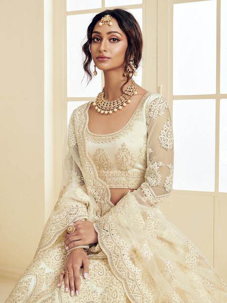 Myra Trendy Off White Heavy Embroidered Net Bridal Lehenga | Grab2Buy