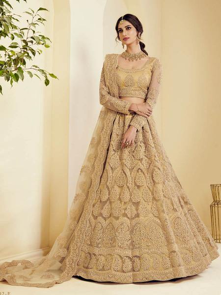 Myra Traditional Golden Heavy Embroidered Net Bridal Lehenga | Grab2Buy