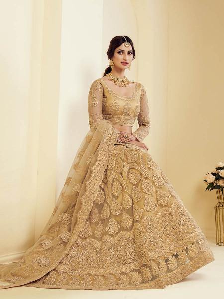 Myra Traditional Golden Heavy Embroidered Net Bridal Lehenga | Grab2Buy