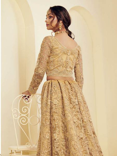 Myra Beautiful Golden Heavy Embroidered Net Bridal Lehenga | Grab2Buy