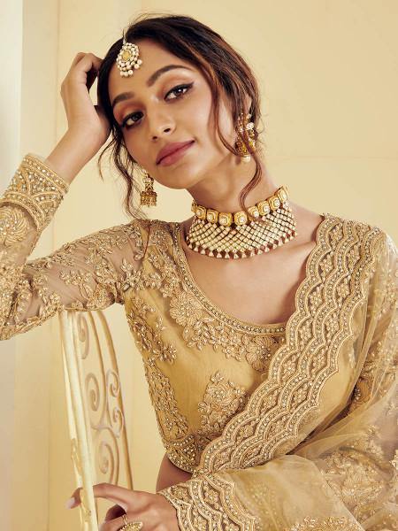 Myra Beautiful Golden Heavy Embroidered Net Bridal Lehenga | Grab2Buy