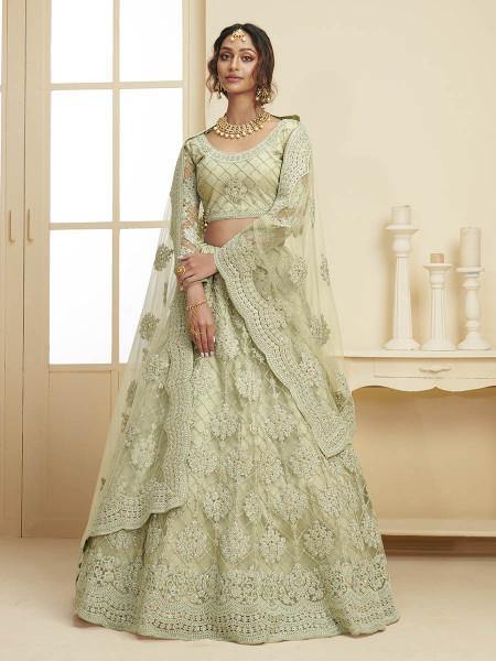 Myra Mint Green Heavy Embroidered Net Bridal Lehenga | Grab2Buy