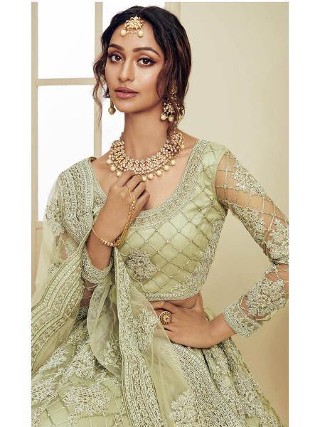 Myra Mint Green Heavy Embroidered Net Bridal Lehenga | Grab2Buy