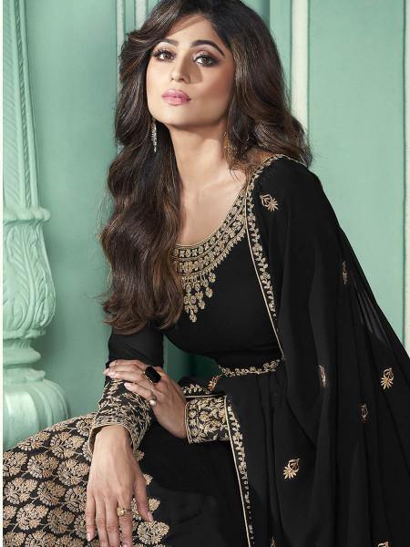 Myra Black and Gold Georgette Embroidered Anarkali Suit | Grab2Buy