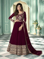 Myra Wine and Gold Georgette Embroidered Anarkali Suit | Grab2Buy