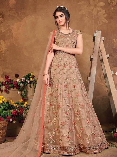 Myra Brown Butterfly Net Embroidered Anarkali Suit | Grab2Buy