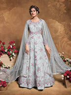 Myra Light Grey Butterfly Net Embroidered Anarkali Suit | Grab2Buy