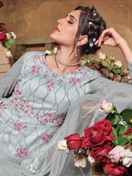 Myra Light Grey Butterfly Net Embroidered Anarkali Suit | Grab2Buy