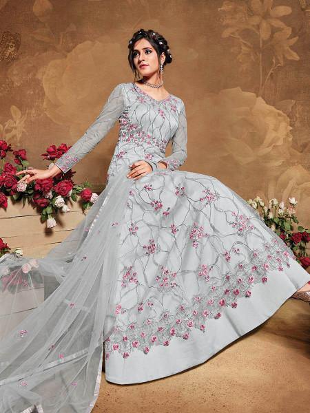 Myra Light Grey Butterfly Net Embroidered Anarkali Suit | Grab2Buy