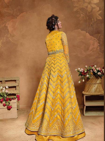 Myra Mustard Yellow Butterfly Net Embroidered Anarkali Suit | Grab2Buy