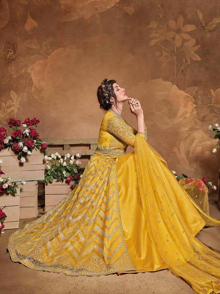 Myra Mustard Yellow Butterfly Net Embroidered Anarkali Suit | Grab2Buy