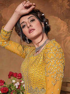 Myra Mustard Yellow Butterfly Net Embroidered Anarkali Suit | Grab2Buy