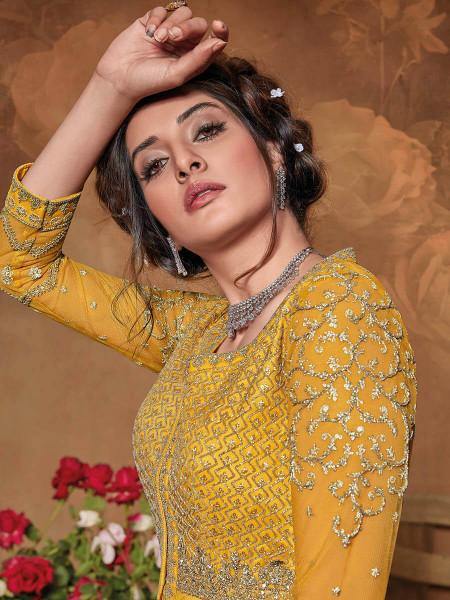 Myra Mustard Yellow Butterfly Net Embroidered Anarkali Suit | Grab2Buy