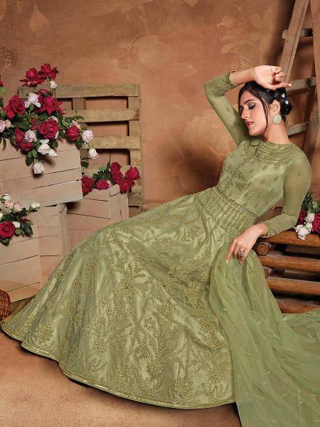Myra Beautiful Pista Butterfly Net Embroidered Anarkali Suit | Grab2Buy