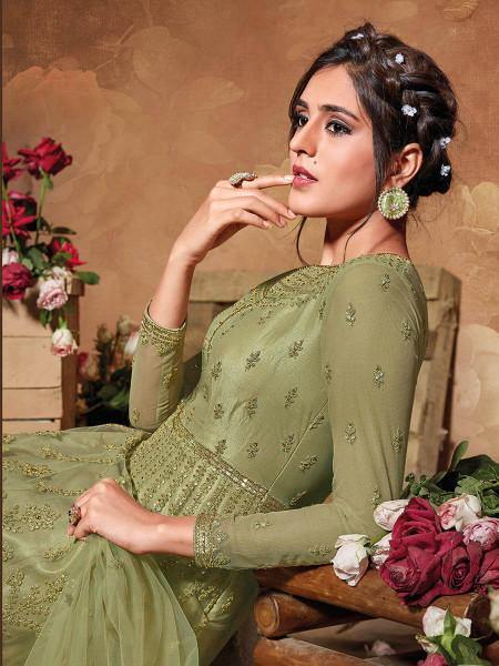 Myra Beautiful Pista Butterfly Net Embroidered Anarkali Suit | Grab2Buy