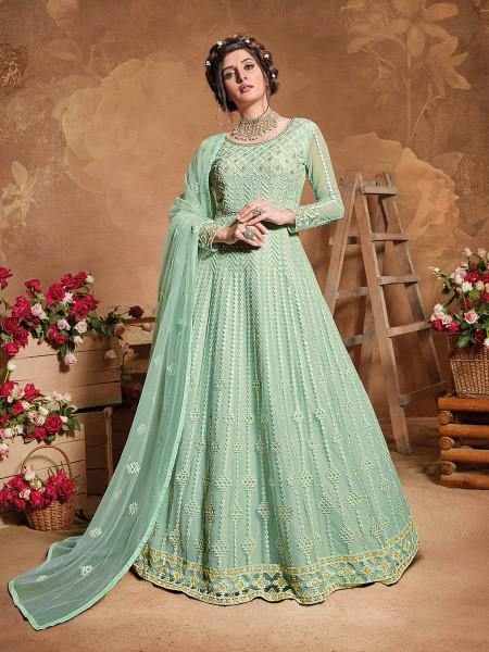 Myra Pastel Green Butterfly Net Embroidered Anarkali Suit | Grab2Buy