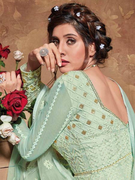 Myra Pastel Green Butterfly Net Embroidered Anarkali Suit | Grab2Buy