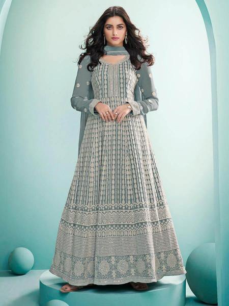 Myra Dusty Grey Real Georgette with Luckhnavi work Anarkali Suit | Grab2Buy