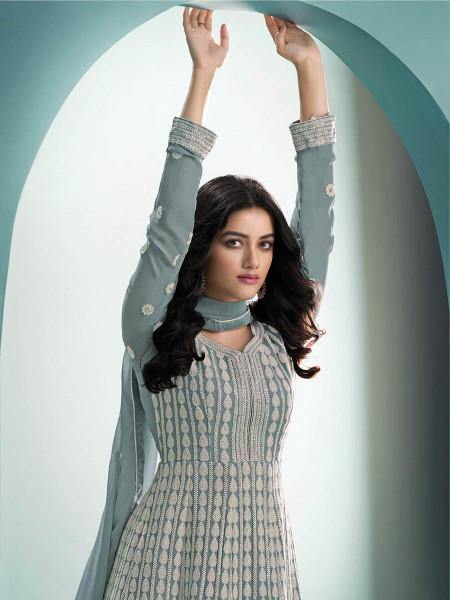 Myra Dusty Grey Real Georgette with Luckhnavi work Anarkali Suit | Grab2Buy