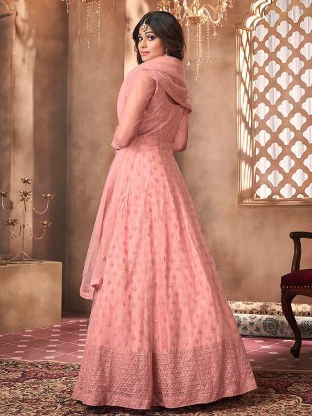 Myra Beautiful Dusty Pink Butterfly Net Embroidered Anarkali Suit | Grab2Buy