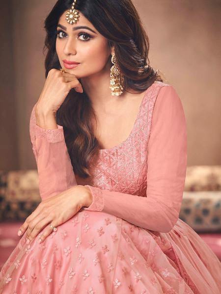 Myra Beautiful Dusty Pink Butterfly Net Embroidered Anarkali Suit | Grab2Buy