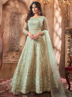 Myra Beautiful Pastel Green Butterfly Net Embroidered Anarkali Suit | Grab2Buy