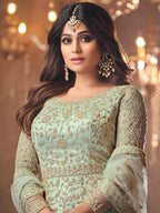 Myra Beautiful Pastel Green Butterfly Net Embroidered Anarkali Suit | Grab2Buy