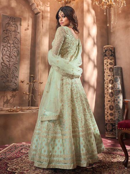 Myra Beautiful Pastel Green Butterfly Net Embroidered Anarkali Suit | Grab2Buy