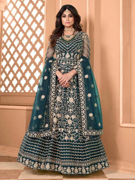 Myra Rama Green Butterfly Net Embroidered Anarkali Suit | Grab2Buy